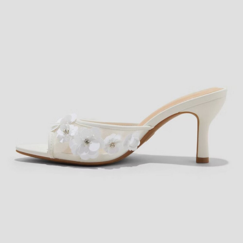 Lupita Mesh Rhinestone Peep Toe Mule Heels Memory Foam Insole - A New Day White - Picture 3 of 11